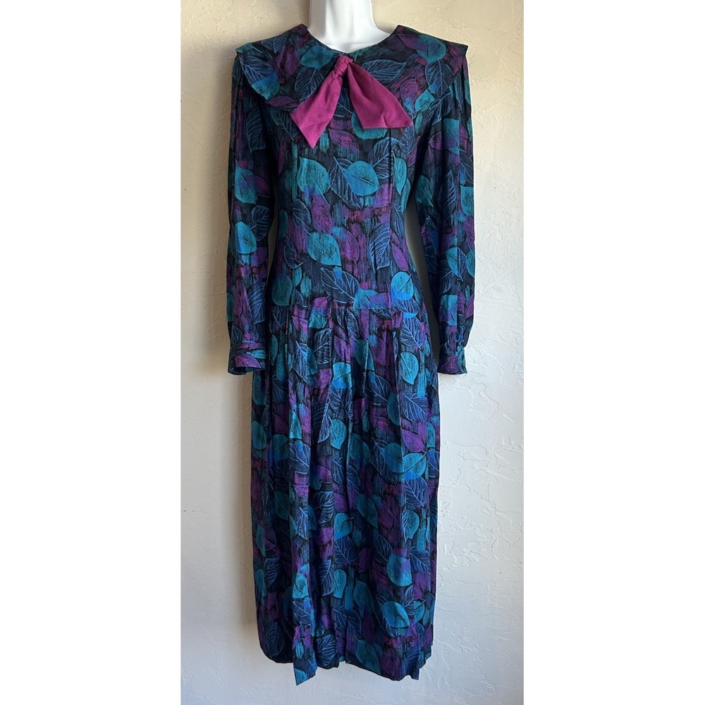 Vintage 80s Lanz Midi Dress 8 Jewel Tone Floral Bow Collar Romantic Maximalist